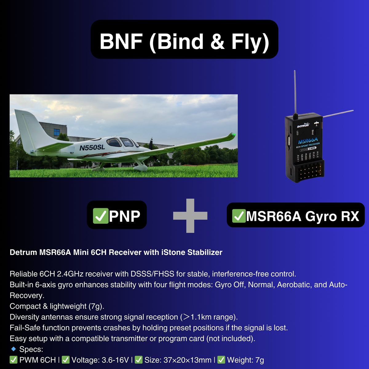 Dynam Cirrus SR22 V3 Trainer 3S 4S White RC Scale Aircraft 1400mm Wingspan Flaps BNF