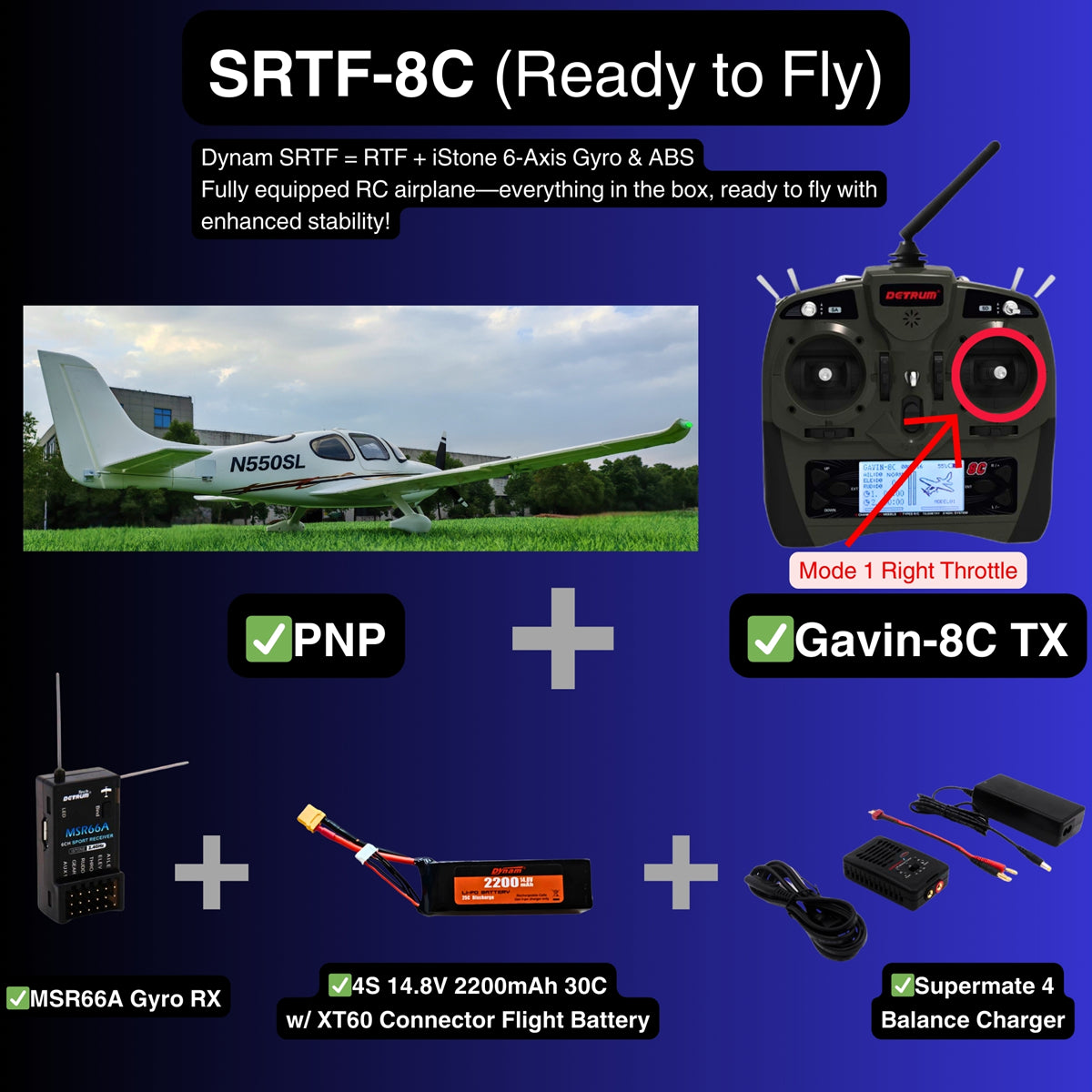 Dynam Cirrus SR22 V3 Trainer 3S 4S White RC Scale Aircraft 1400mm Wingspan Flaps SRTF 8C Mode 1