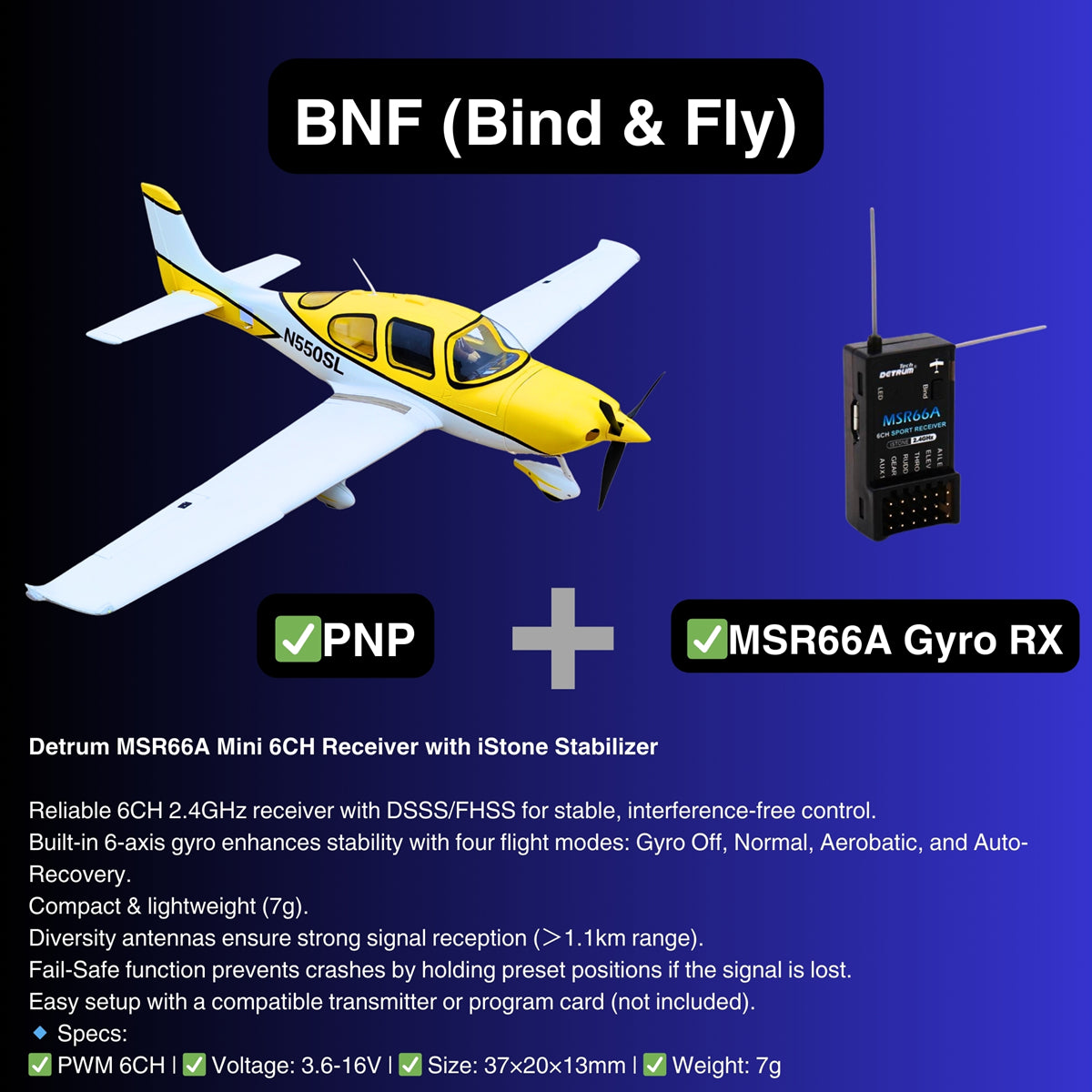 Dynam Cirrus SR22 V3 Trainer 3S 4S Yellow RC Beginner Scale Airplane 1.4m Flaps BNF