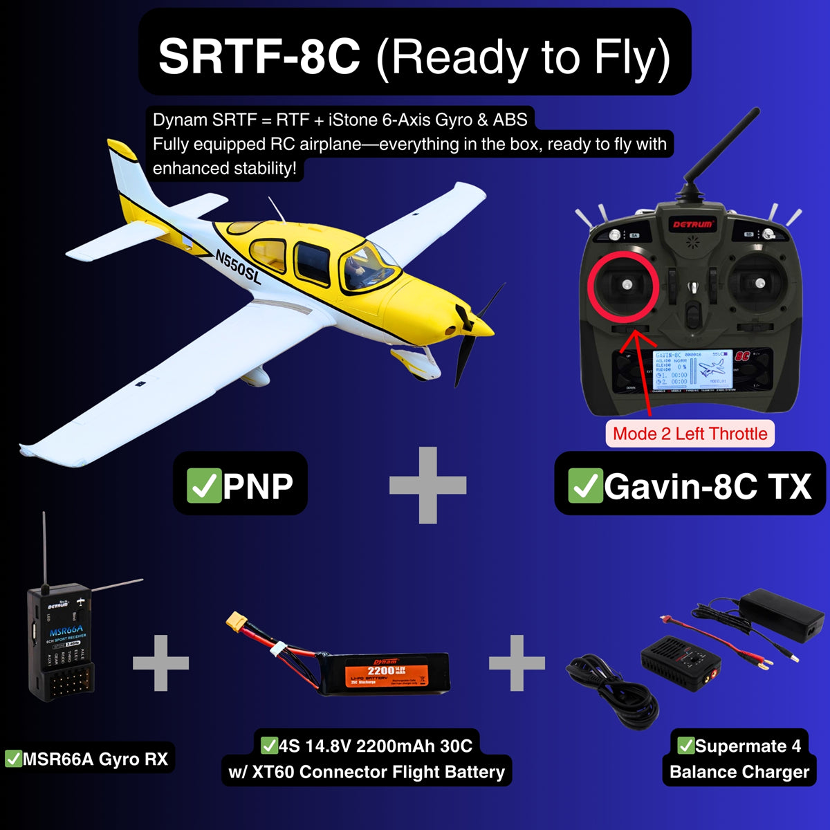 Dynam Cirrus SR22 V3 Trainer 3S 4S Yellow RC Beginner Scale Airplane 1.4m Flaps SRTF 8C Mode 2