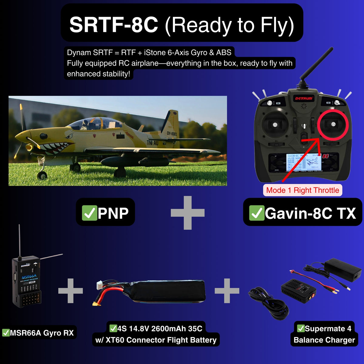 Dynam EMB 312 Tucano 4S RC Scale Plane 1.3m Flaps SRTF 8C Mode 1