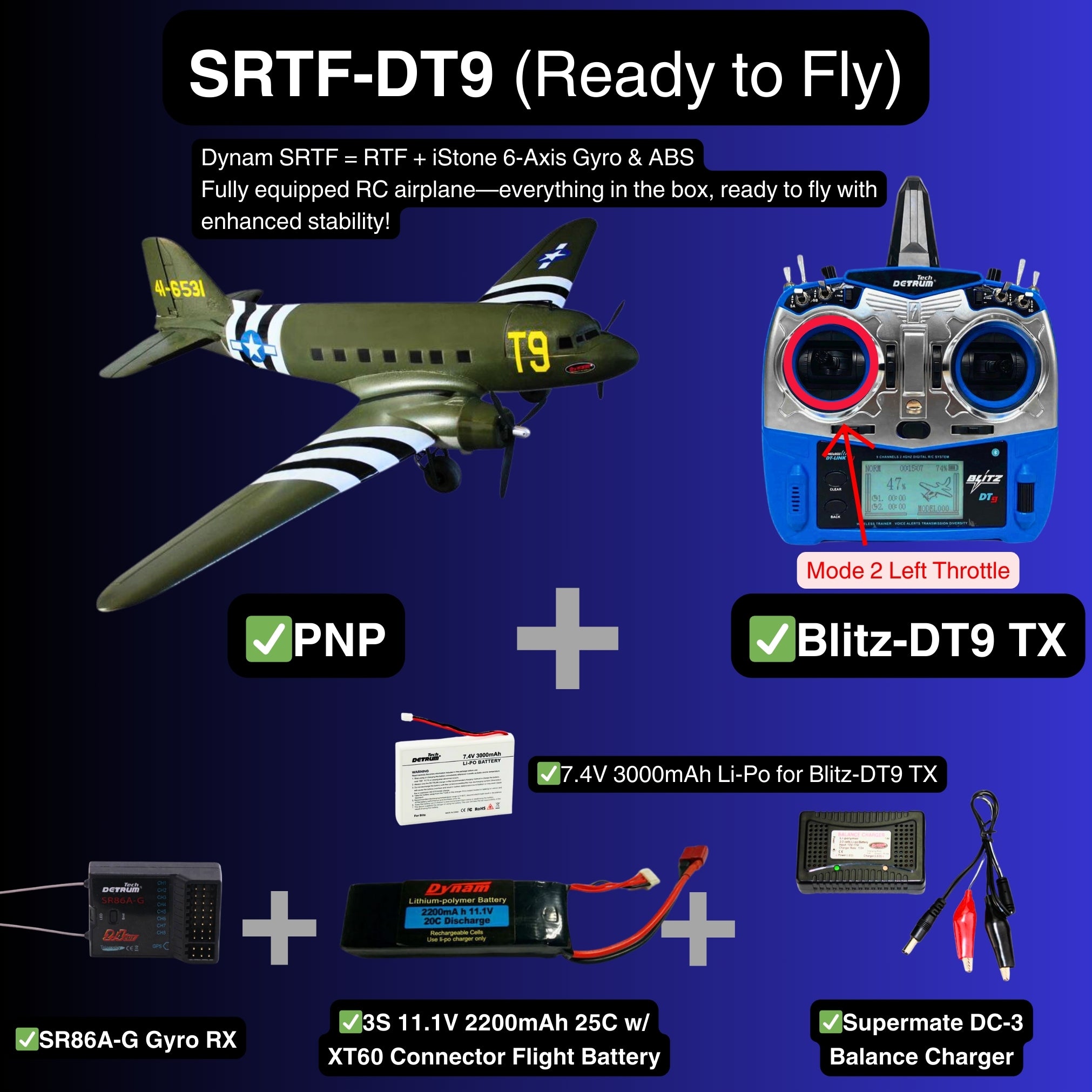 Dynam C 47 Skytrain V2 Green RC Warbird Plane SRTF DT9 Mode 2