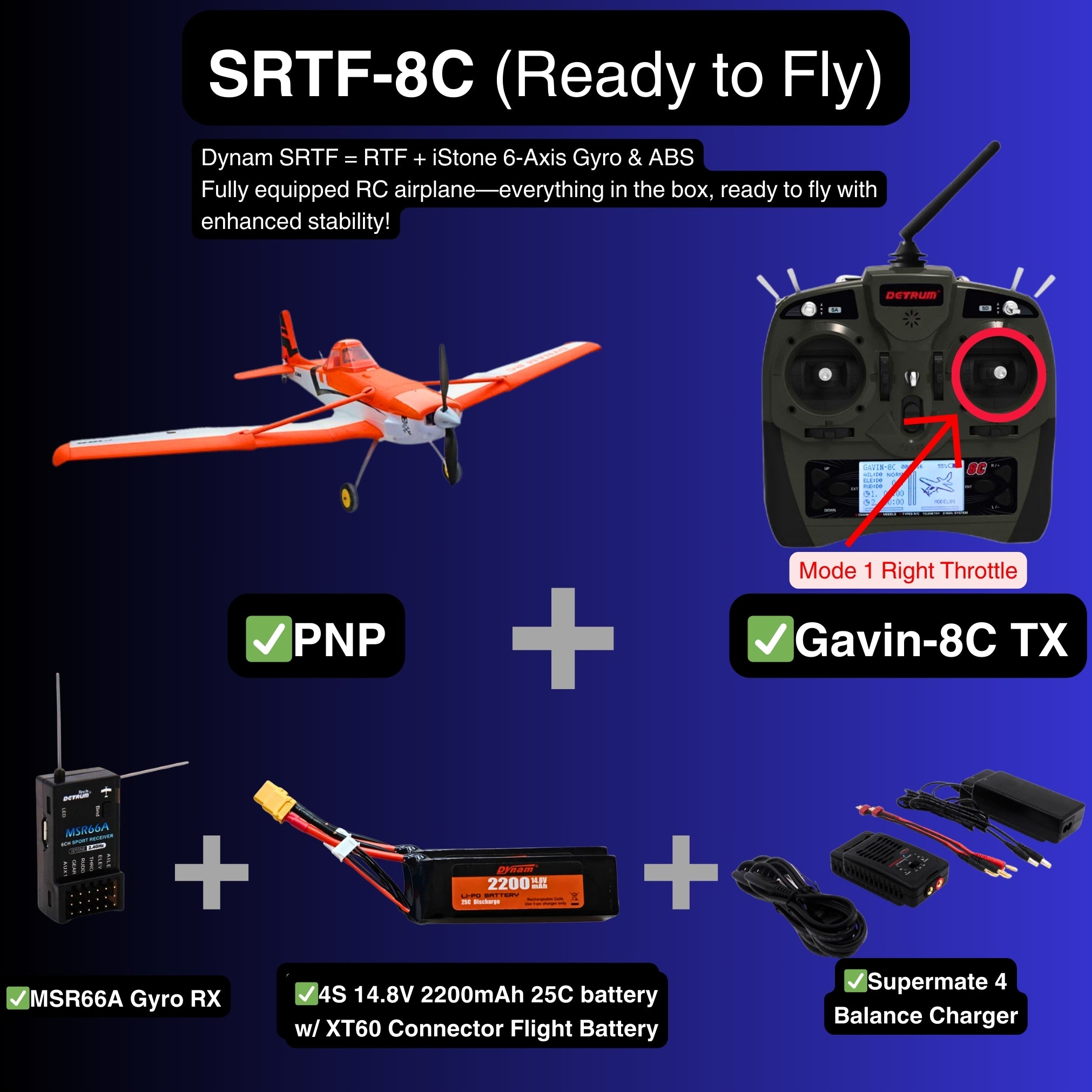 Dynam Cessna 188 Crop Duster V2 Orange 4S RC Scale Plane SRTF 8C Mode 1