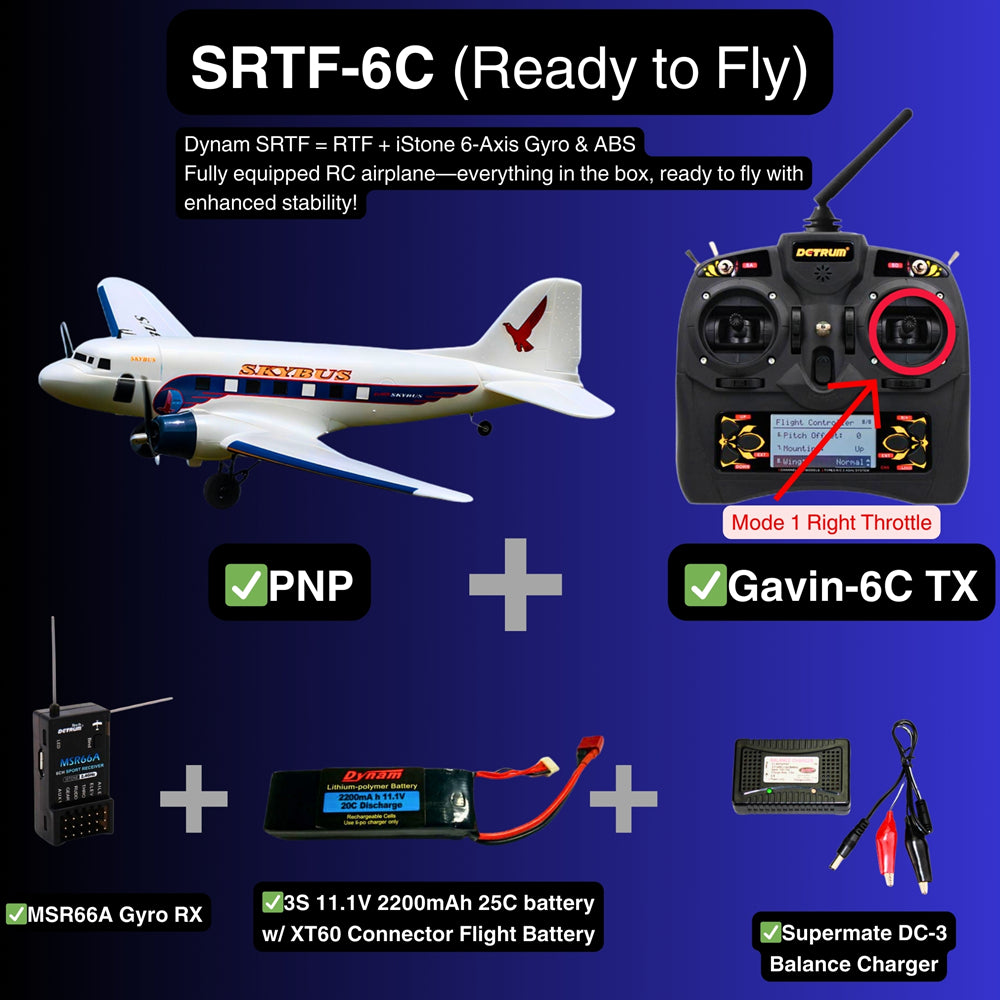 Dynam DC 3 Skybus White RC Warbird Plane SRTF 6C Mode 1