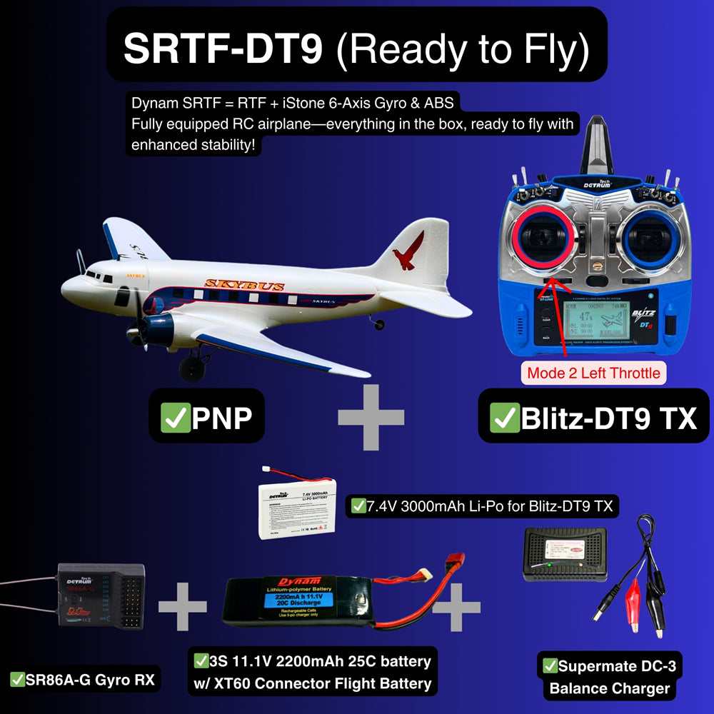 Dynam DC 3 Skybus White RC Warbird Plane SRTF DT9 Mode 2