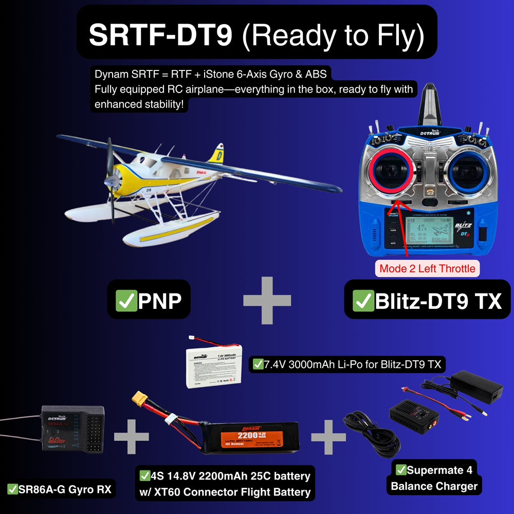 Dynam DHC 2 Beaver V2 Blue 4S SeaLand RC Seaplane SRTF DT9 Mode 2