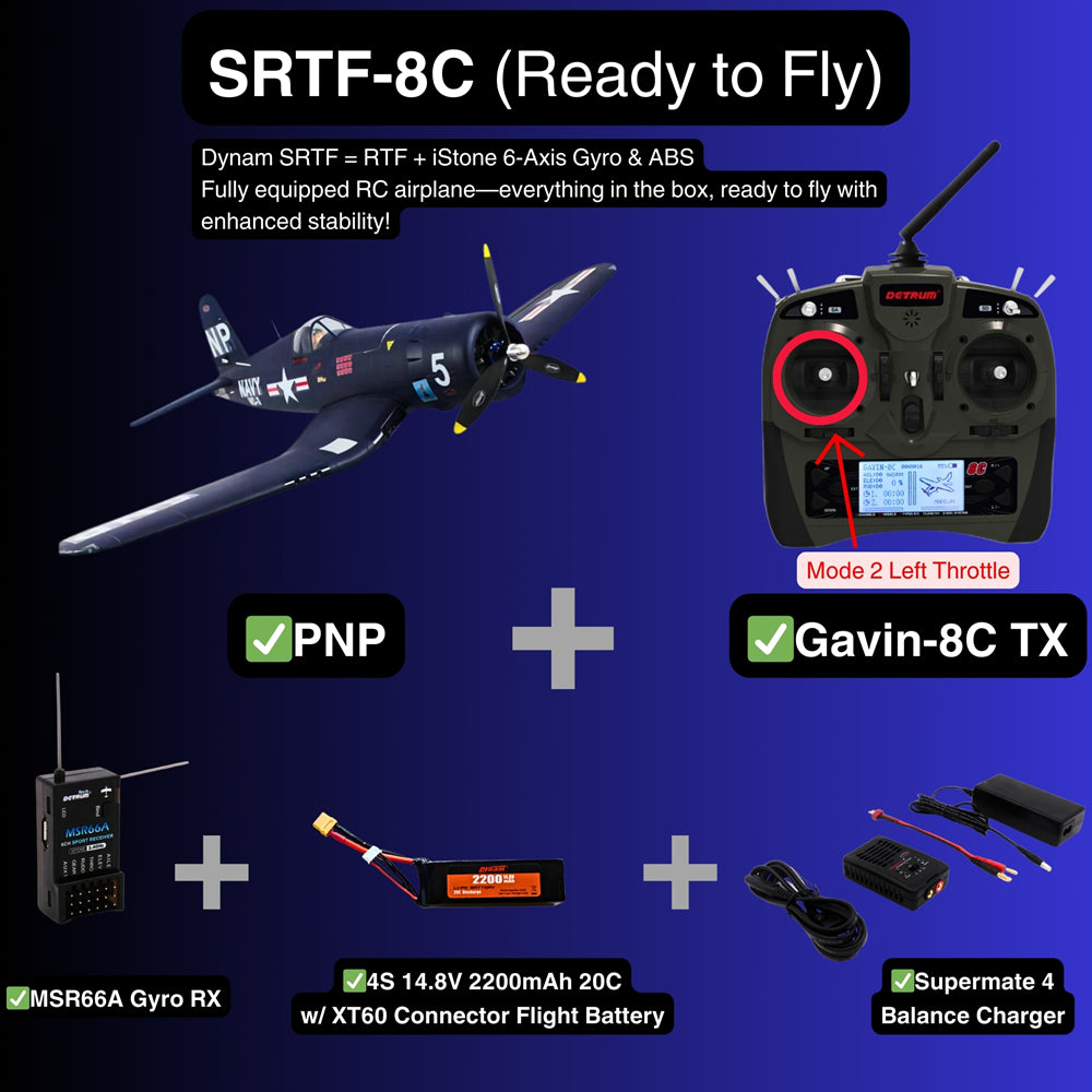 Dynam F4U Corsair V2 4S RC Warbird Plane 1300mm w Flaps SRTF 8C Mode 2