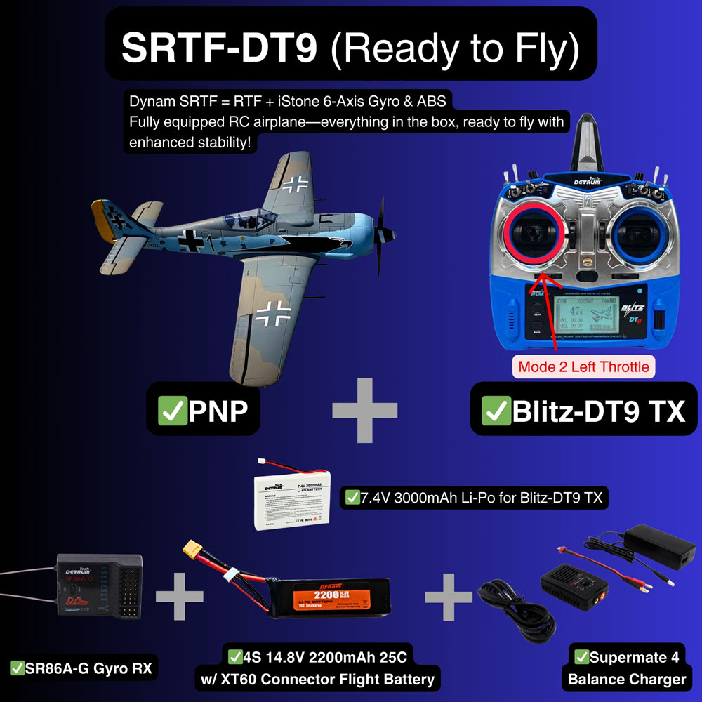 Dynam Focke Wulf FW 190 V3 4S RC Warbird Plane 1300mm w Flaps SRTF DT9 Mode 2