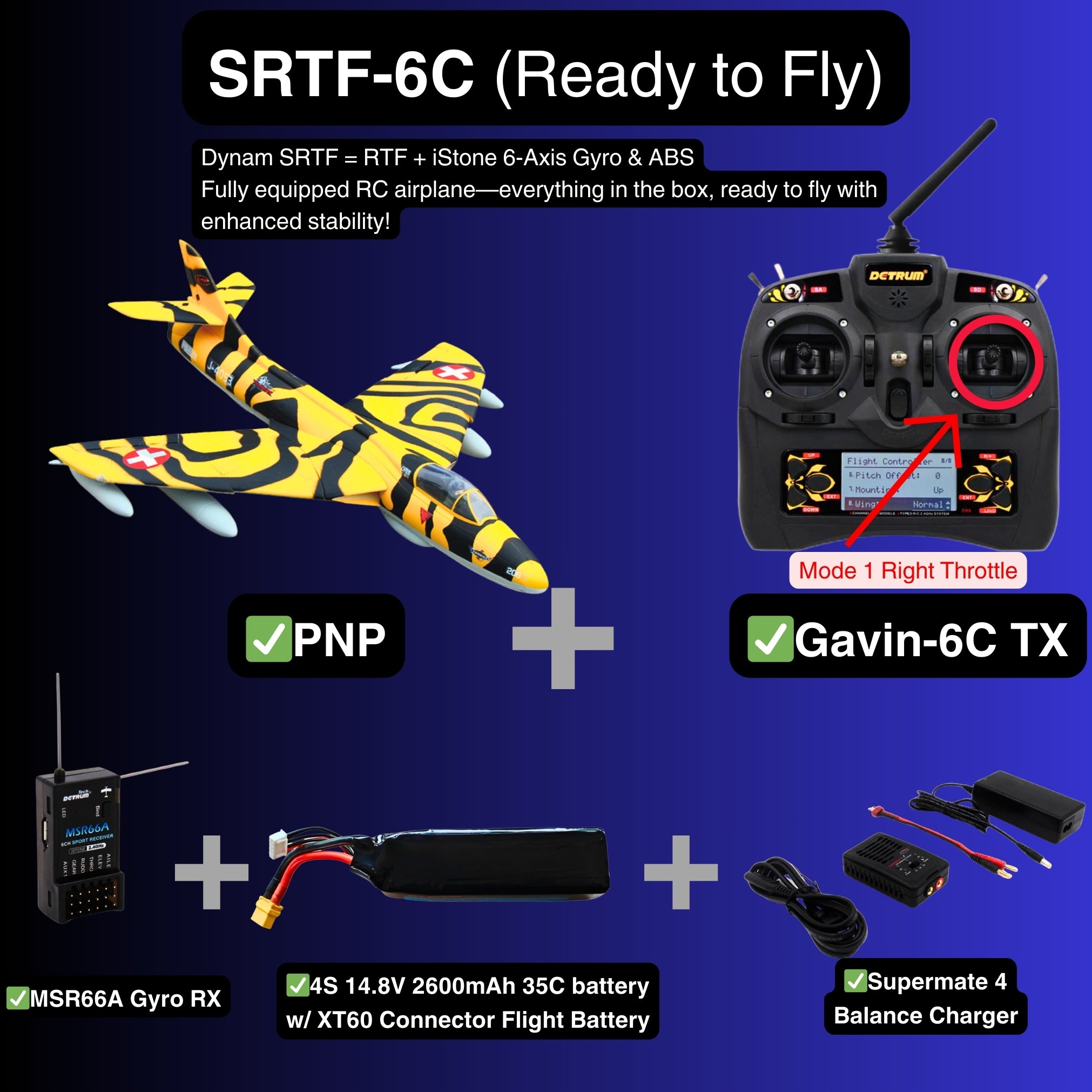 Dynam Hawker Hunter 4S 70mm 12 Blade RC Beginner EDF Jet SRTF 6C Mode 1