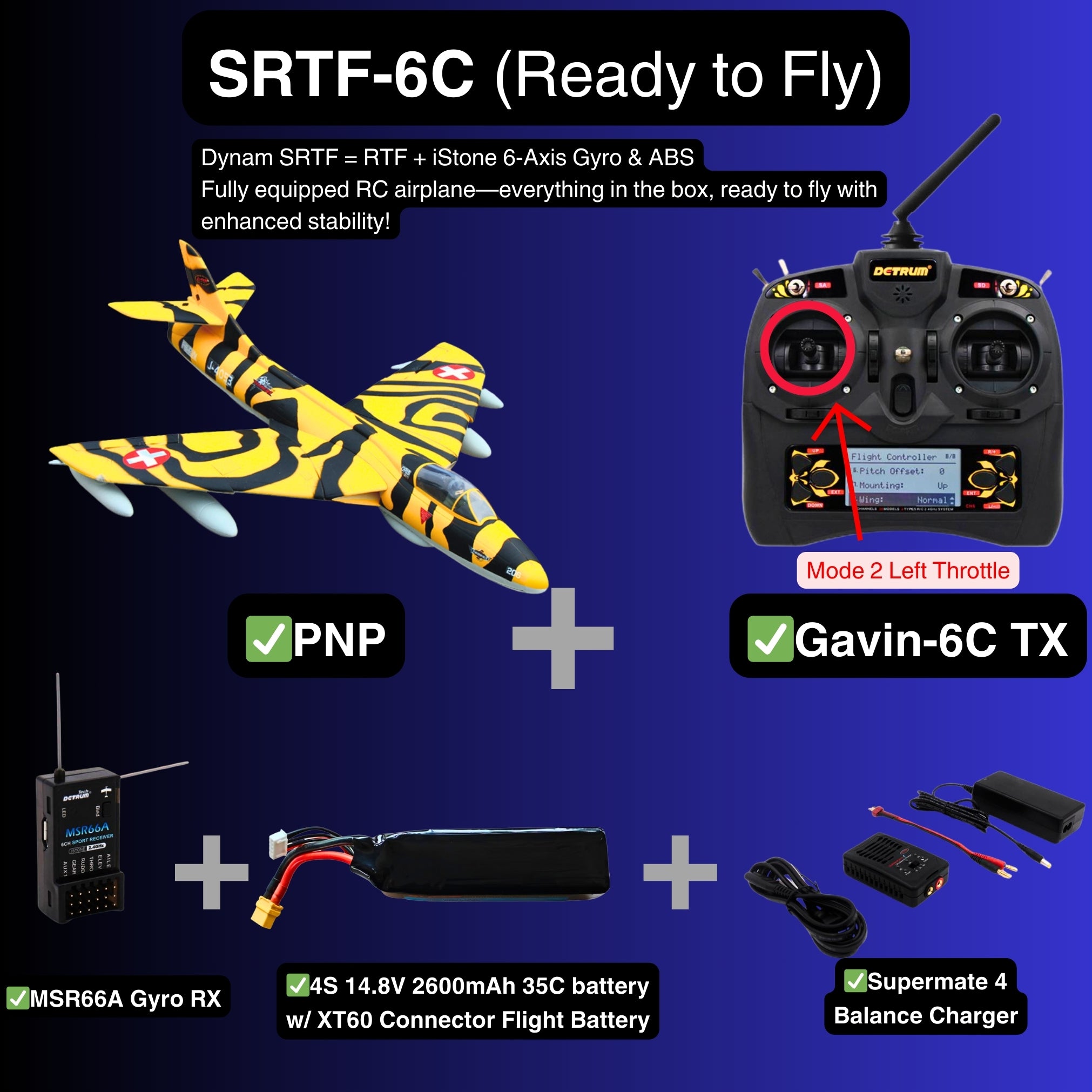 Dynam Hawker Hunter 4S 70mm 12 Blade RC Beginner EDF Jet SRTF 6C Mode 2