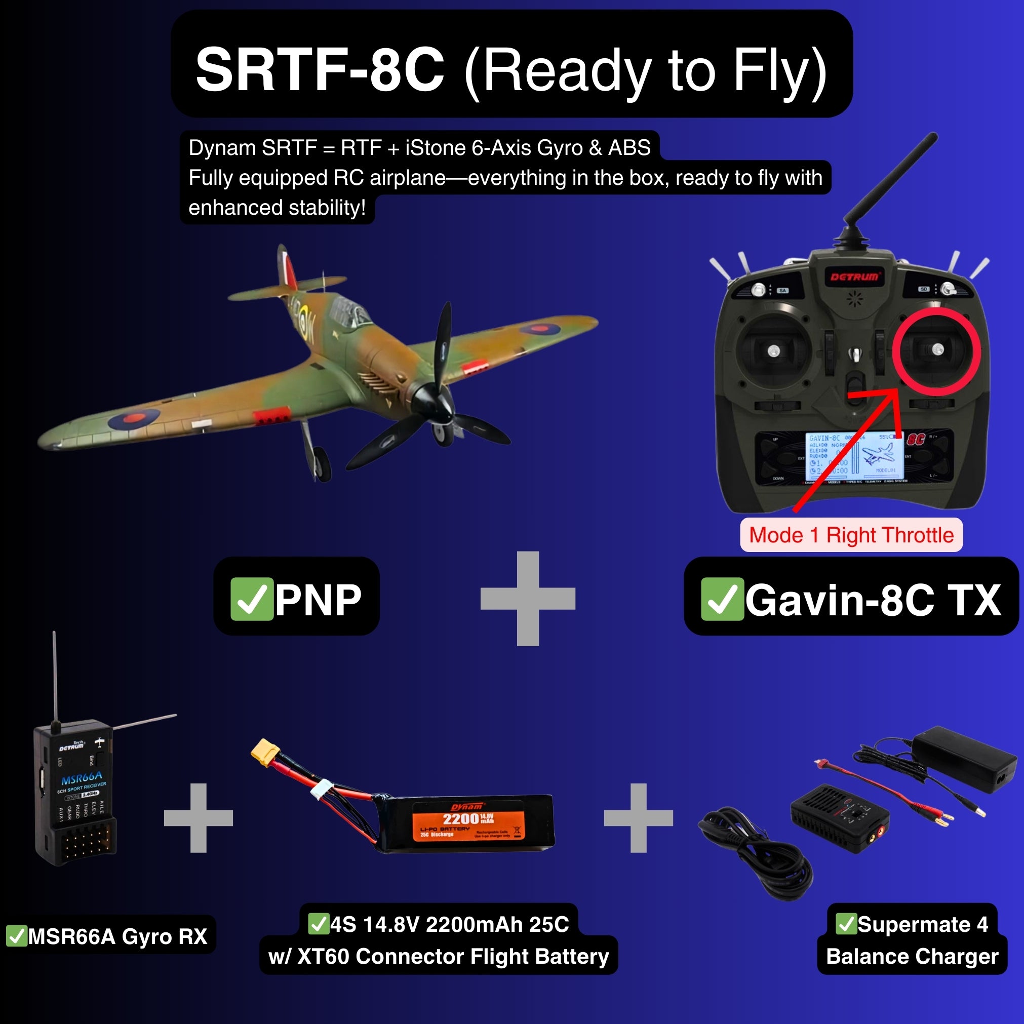 Dynam Hawker Hurricane V2 4S RC Warbird Plane 1250mm w Flaps SRTF 8C Mode 1