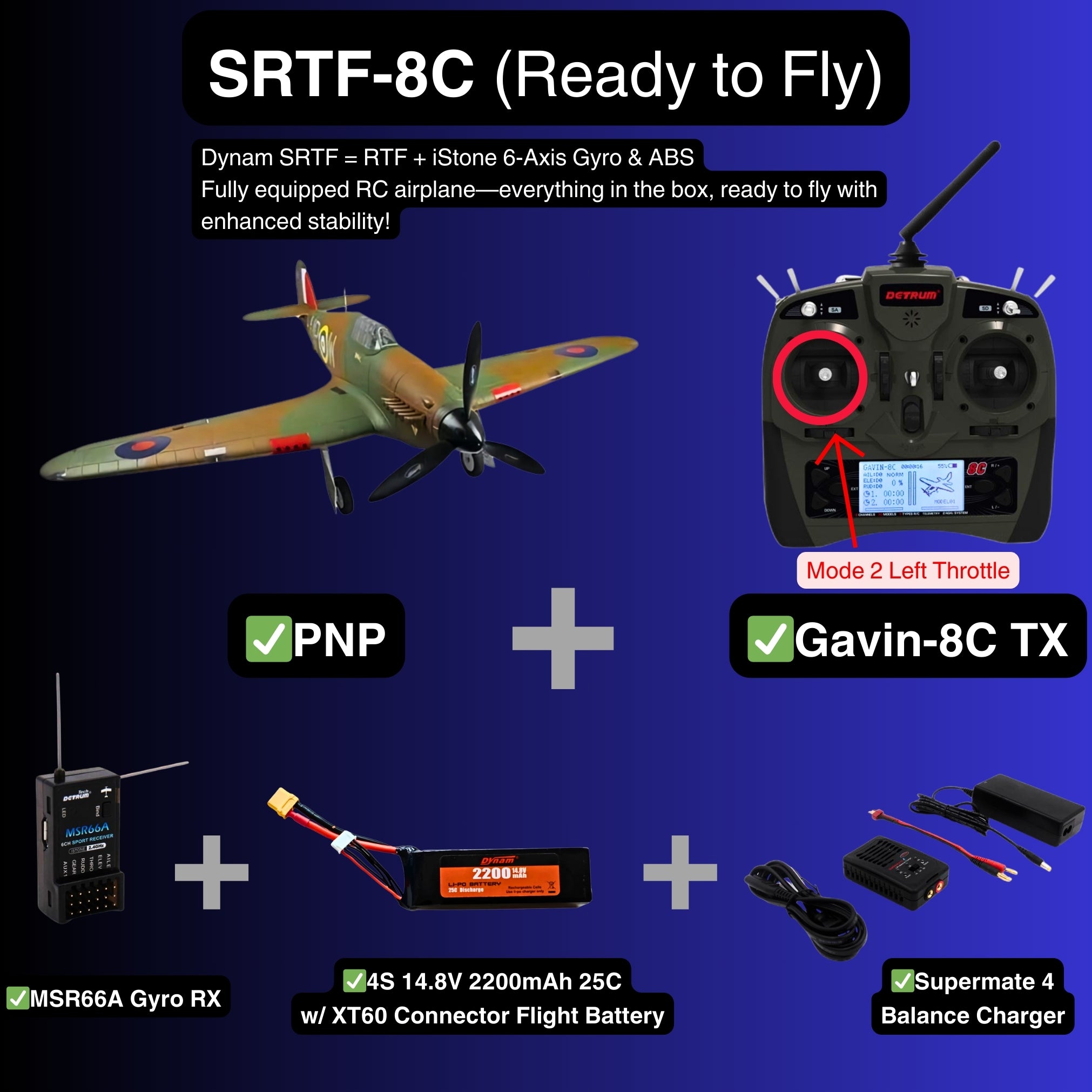 Dynam Hawker Hurricane V2 4S RC Warbird Plane 1250mm w Flaps SRTF 8C Mode 2