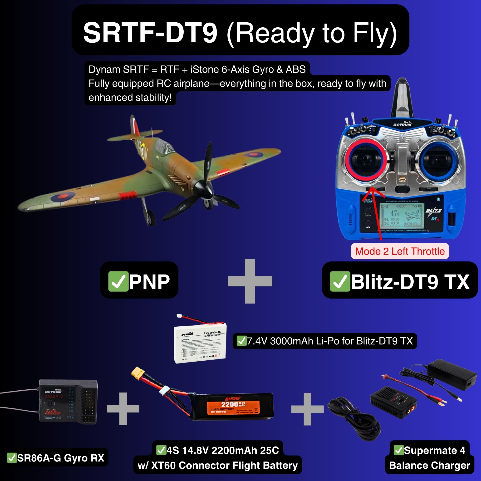 Dynam Hawker Hurricane V2 4S RC Warbird Plane 1250mm w Flaps SRTF DT9 Mode 2