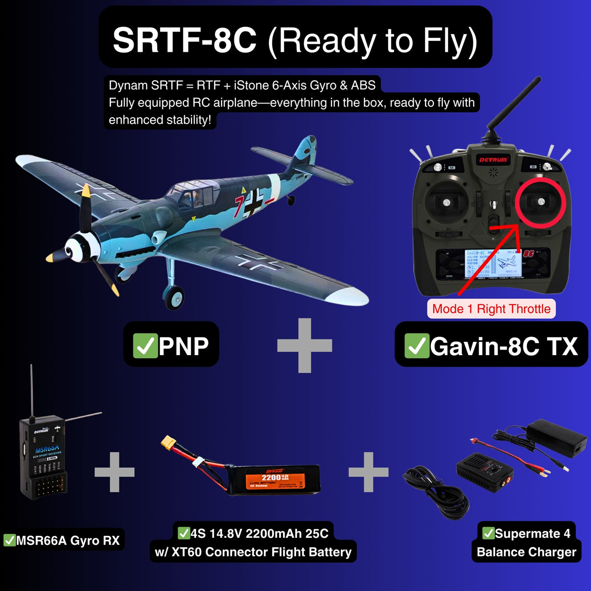 Dynam Messerschmitt BF 109 V2 4S RC Warbird Plane 1300mm w Flaps SRTF 8C Mode 1