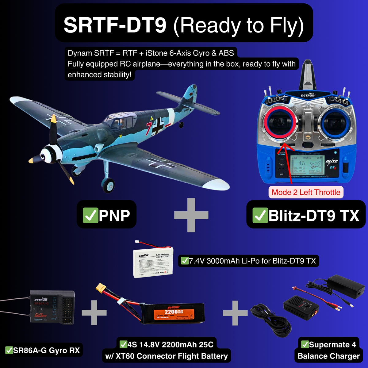Dynam Messerschmitt BF 109 V2 4S RC Warbird Plane 1300mm w Flaps SRTF DT9 Mode 2