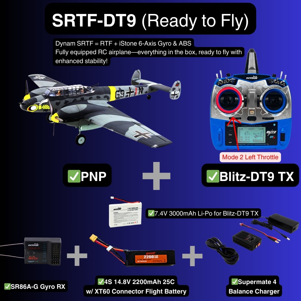 Dynam Messerschmitt BF 110 V3 4S Twin Engine RC Warbird Plane 1500mm w Flaps SRTF DT9 Mode 2