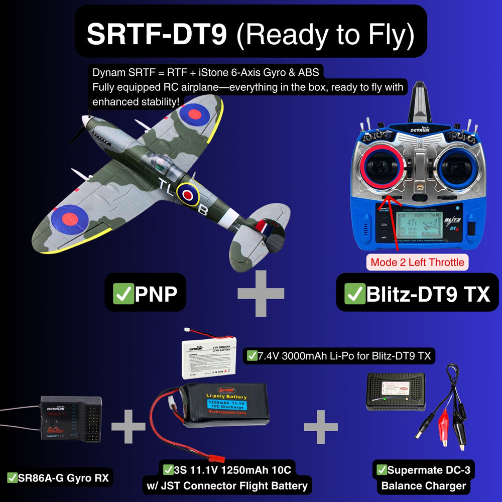 Dynam Mini Spitfire V2 RC Warbird Plane SRTF DT9 Mode 2