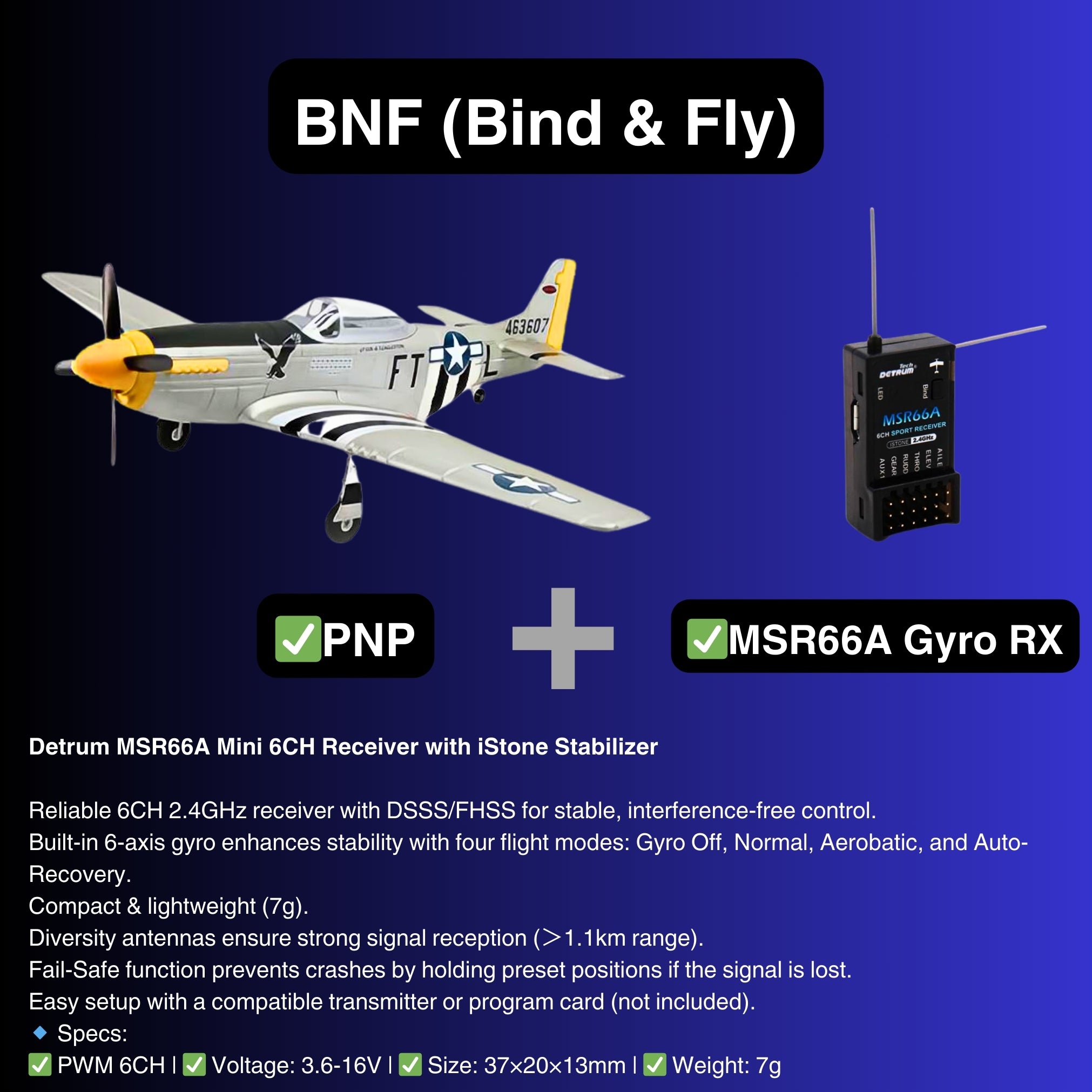 Dynam P 51 Mustang V2 Silver RC Warbird Plane BNF