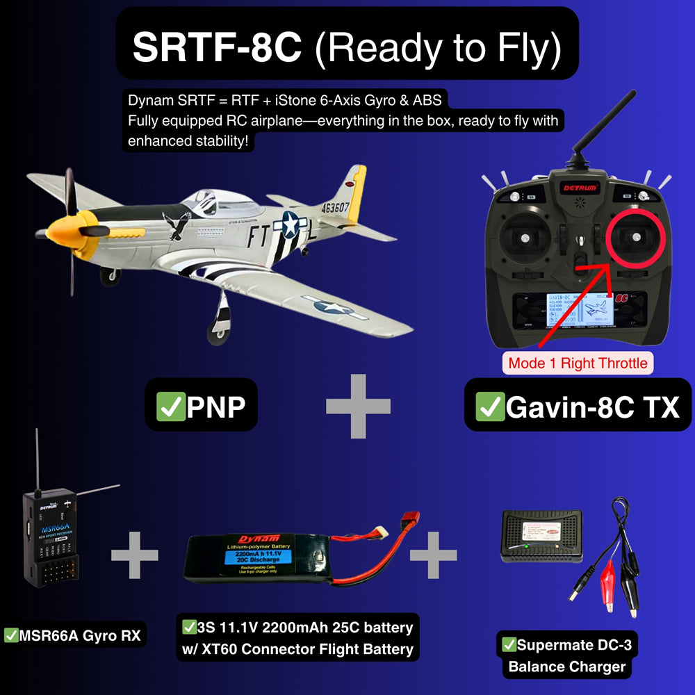 Dynam P 51 Mustang V2 Silver RC Warbird Plane SRTF 8C Mode 1