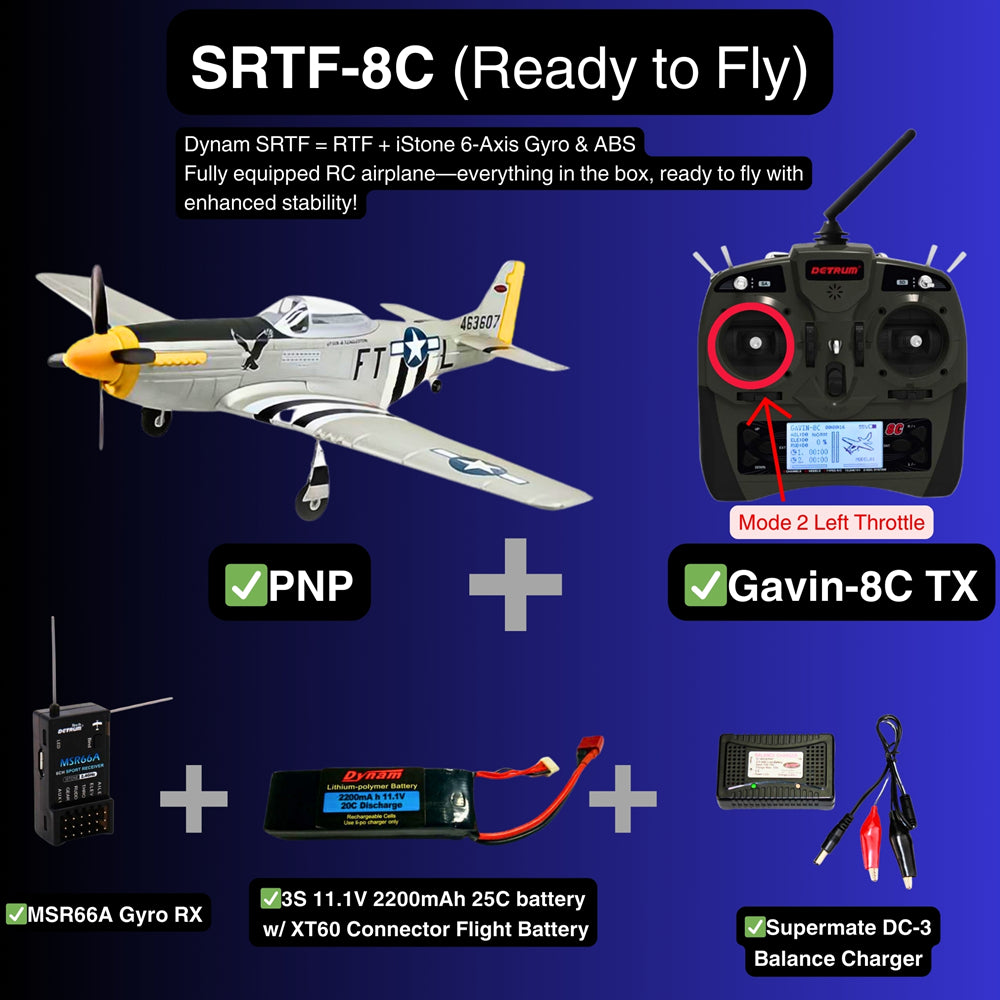 Dynam P 51 Mustang V2 Silver RC Warbird Plane SRTF 8C Mode 2