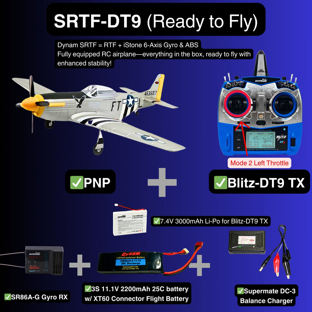 Dynam P 51 Mustang V2 Silver RC Warbird Plane SRTF DT9 Mode 2