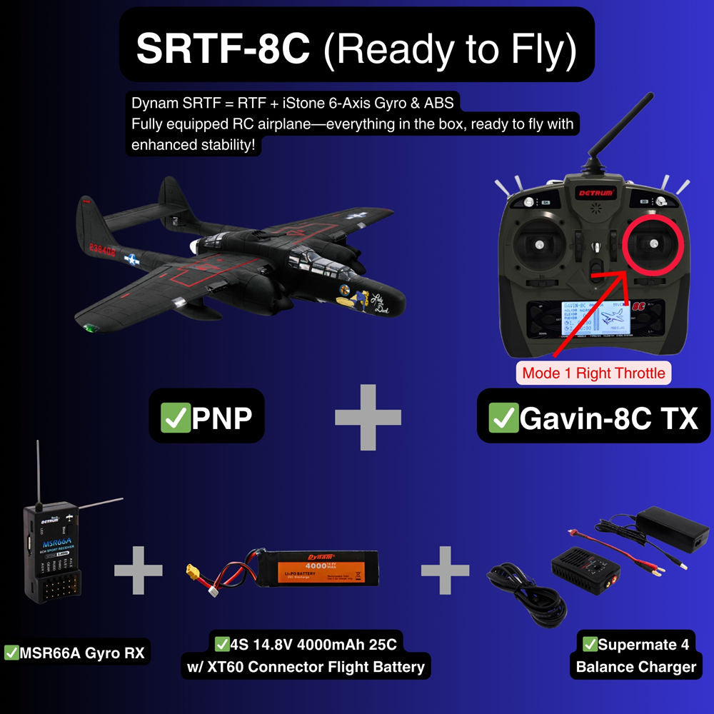 Dynam P 61 Black Widow 4S Twin Engine RC Warbird Plane 1500mm w Flaps SRTF 8C Mode 1