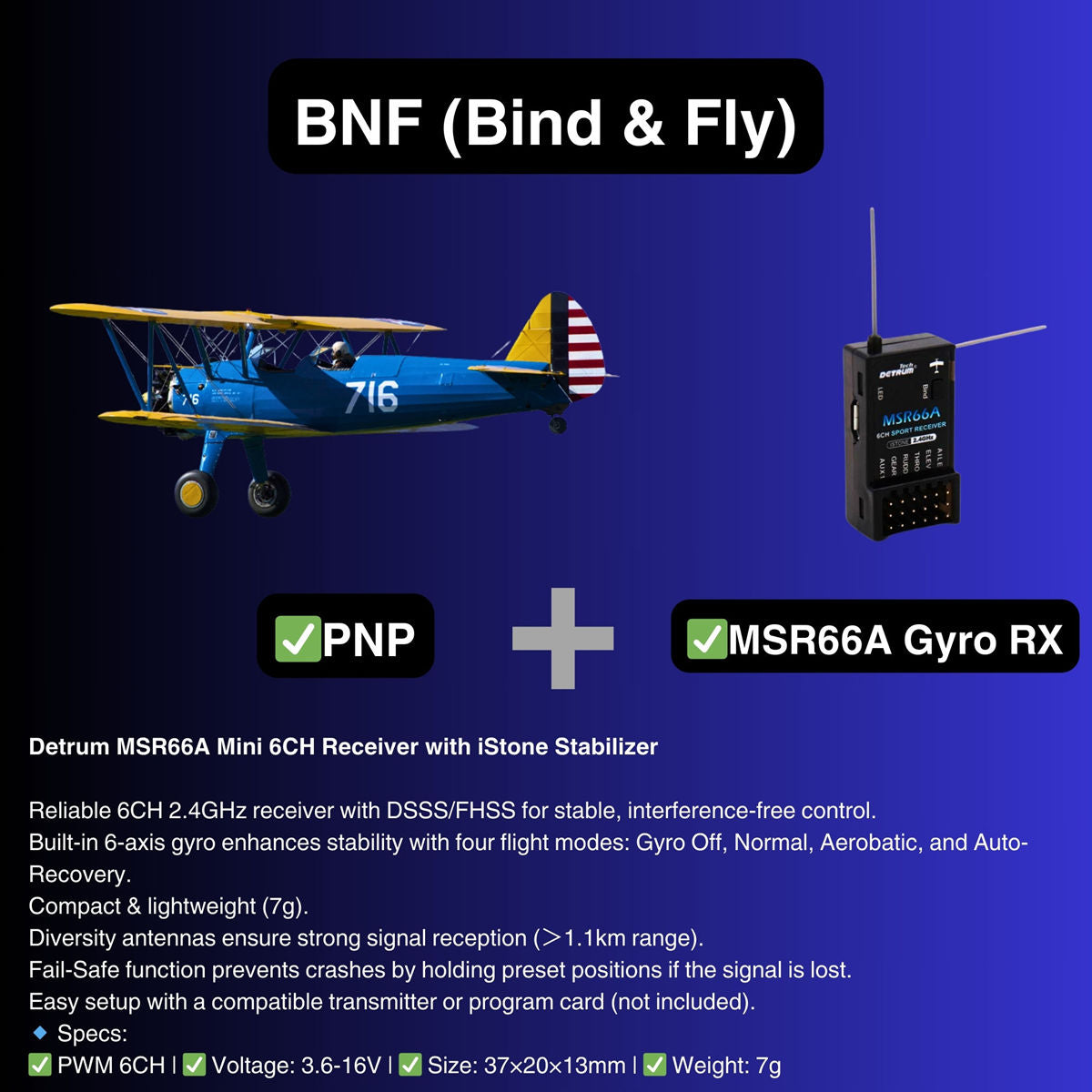 Dynam Stearman PT 17 Blue 4S RC Biplane 1300mm Wingspan BNF