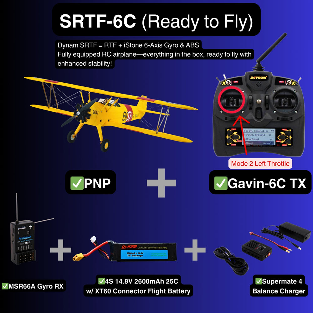 Dynam Stearman PT 17 Yellow 4S RC Biplane 1300mm 51 Wingspan SRTF 6C Mode 2