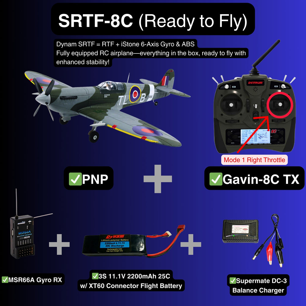Dynam Supermarine Spitfire V3 RC Warbird Plane 1200mm SRTF 8C Mode 1