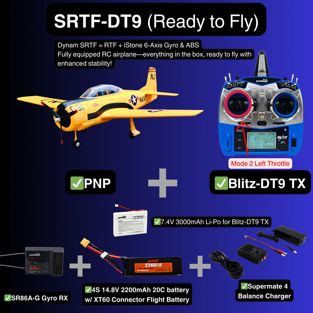 Dynam_T-28_Trojan_V2_Yellow_4S_RC_Warbird_Plane_SRTF-DT9_Mode_2