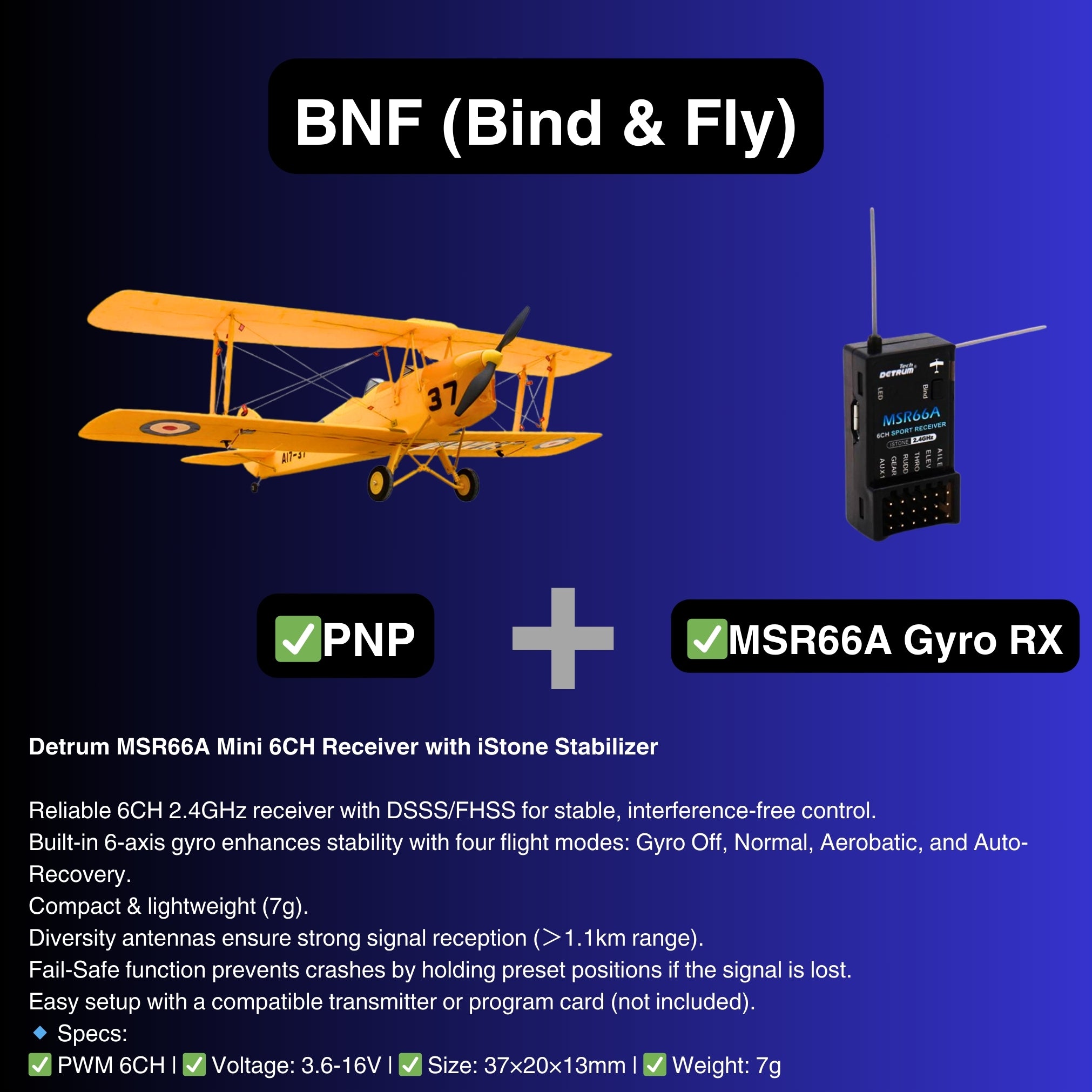 Dynam Tiger Moth DH. 82 V2 Yellow 4S RC Biplane BNF
