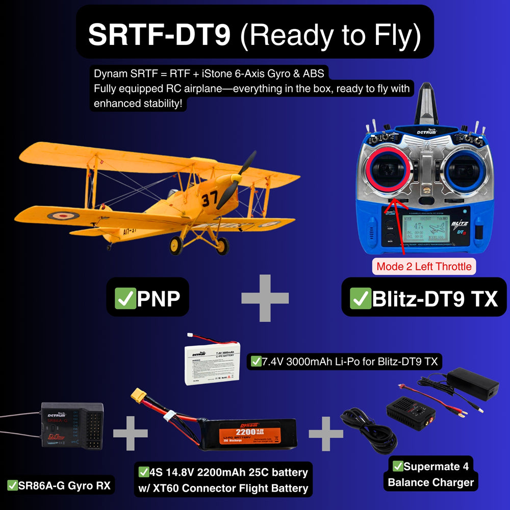 Dynam Tiger Moth DH. 82 V2 Yellow 4S RC Biplane SRTF DT9 Mode 2