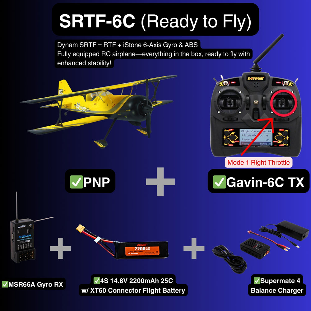 Dynam Pitts Python Model 12 Yellow 4S RC Aerobatic 3D Sport Biplane SRTF 6C Mode 1