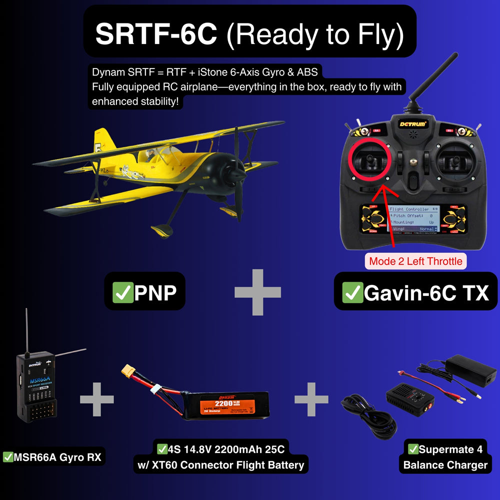 Dynam Pitts Python Model 12 Yellow 4S RC Aerobatic 3D Sport Biplane SRTF 6C Mode 2