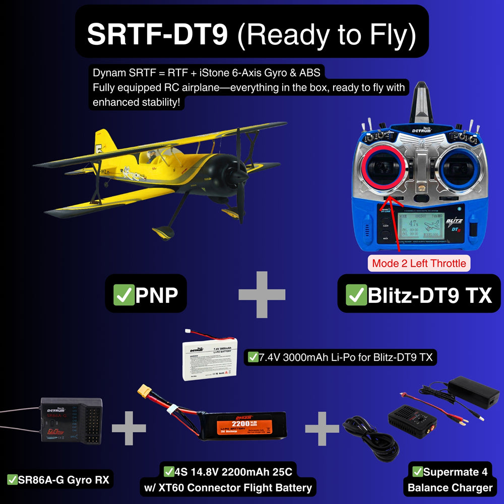 Dynam Pitts Python Model 12 Yellow 4S RC Aerobatic 3D Sport Biplane SRTF DT9 Mode 2