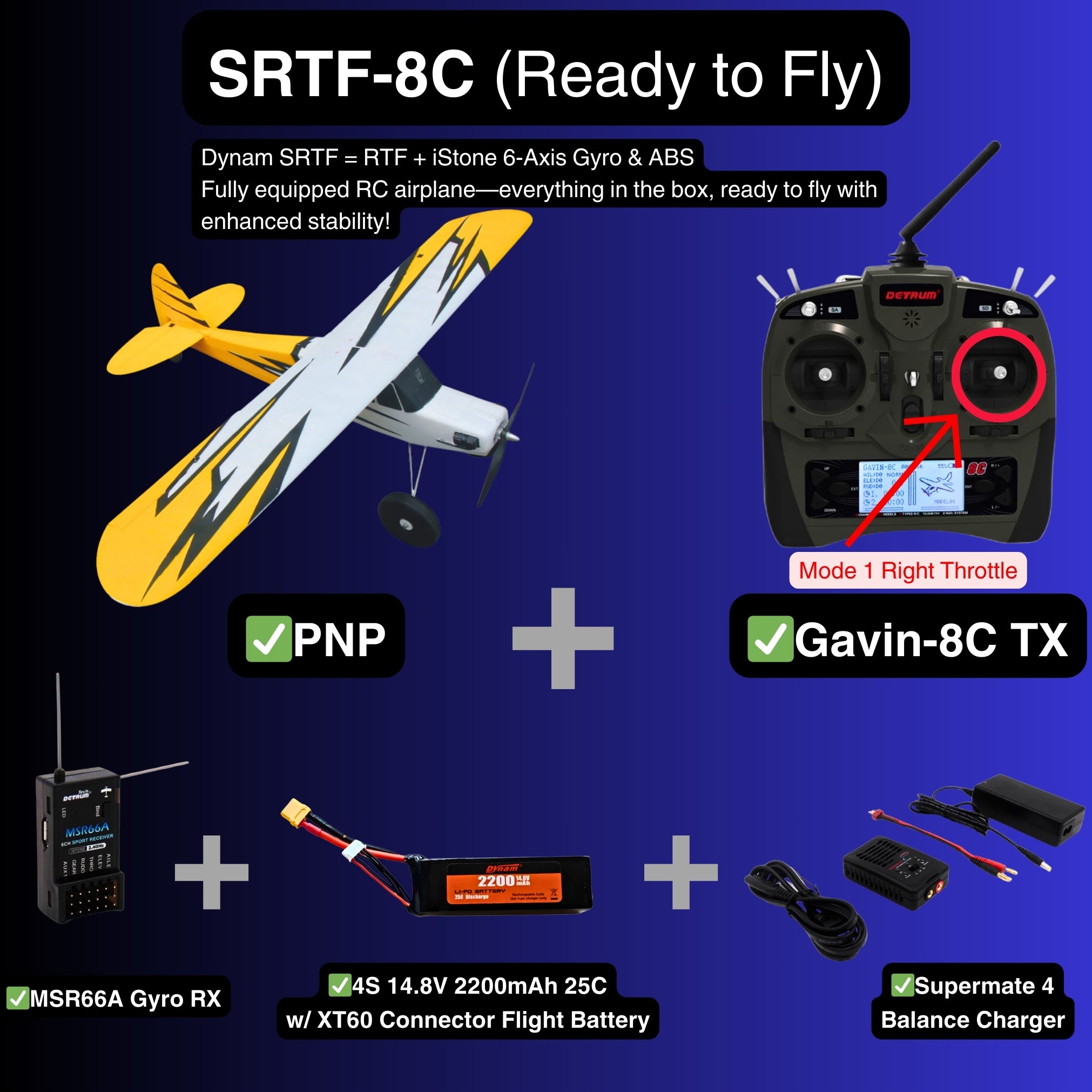 Dynam Primo RC Beginner Trainer Yellow STOL Bigfoot SRTF 8C Mode 1