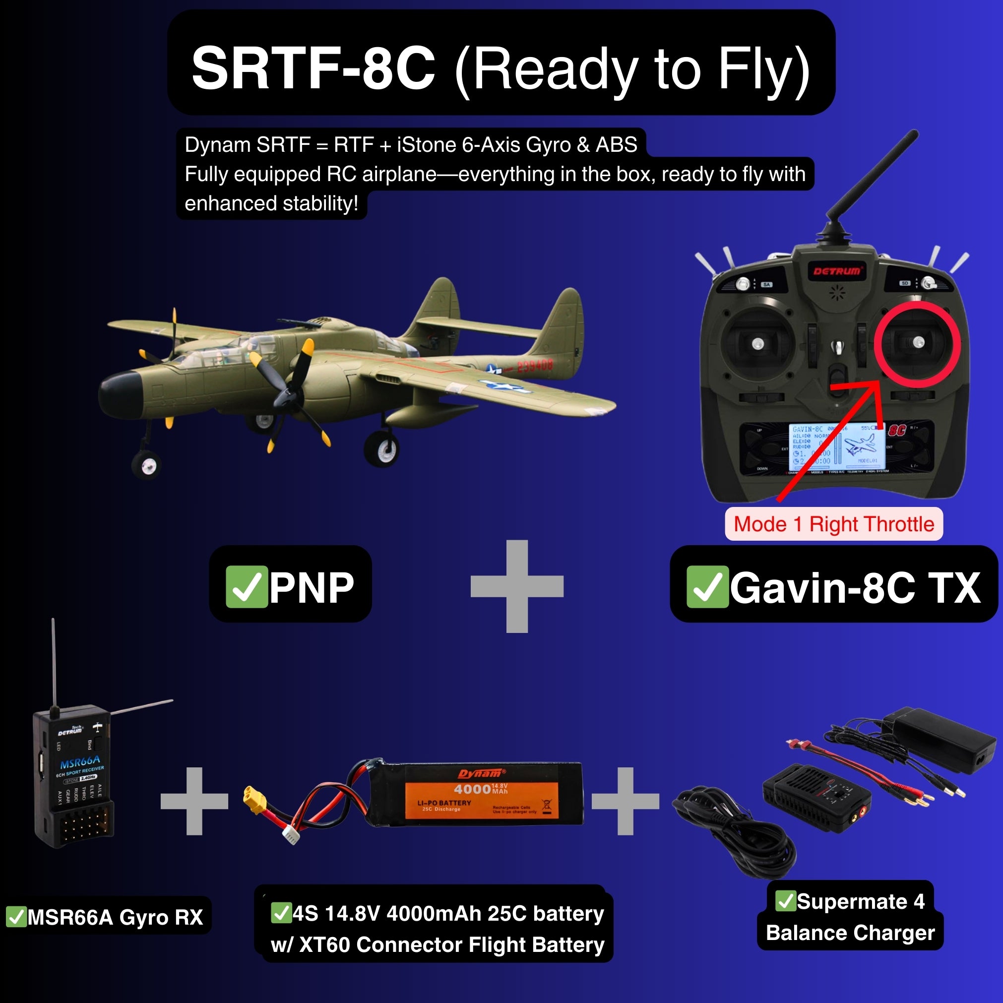 Dynam P 61 Black Widow 4S Twin Engine RC Warbird Plane 1500mm w Flaps SRTF 8C Mode 1