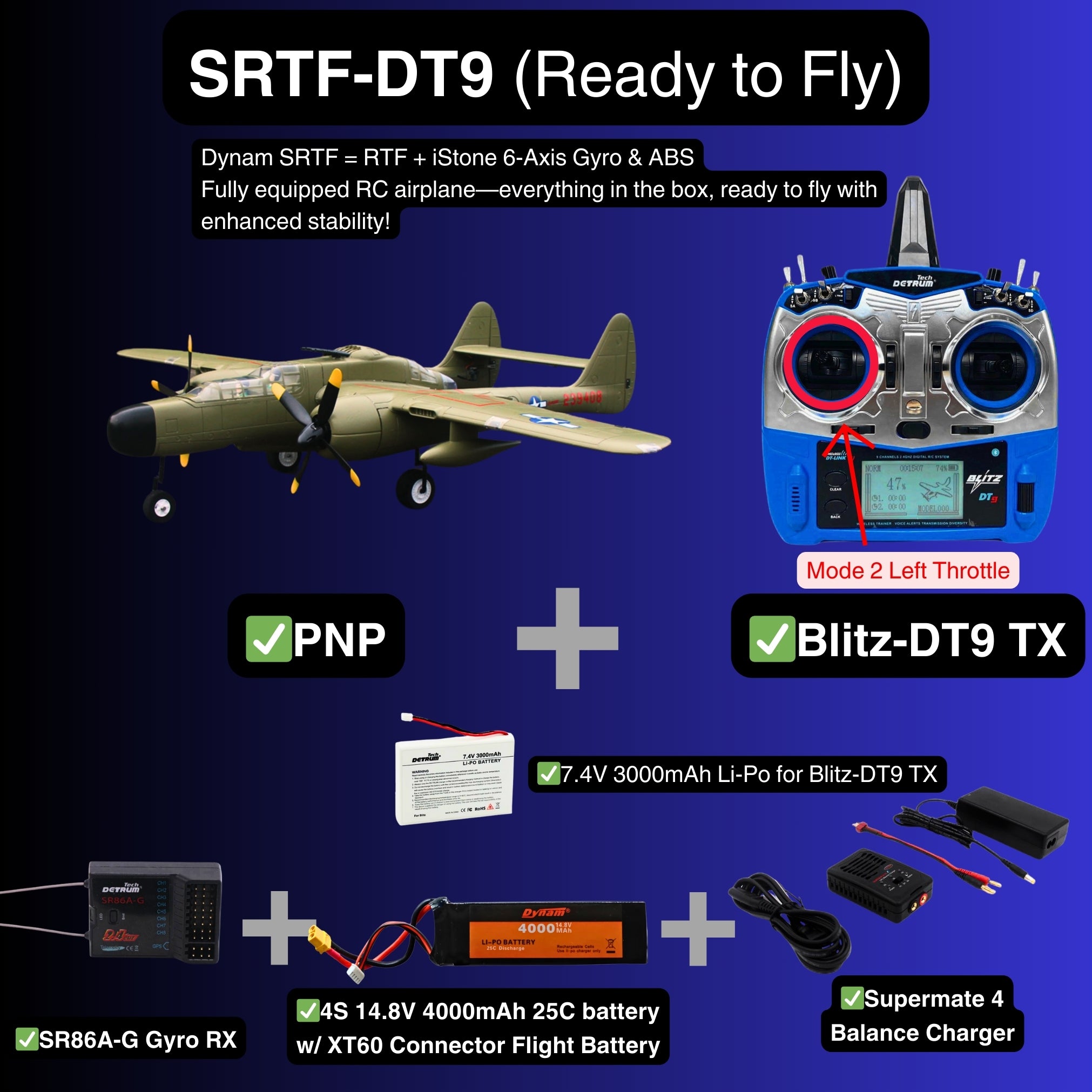 Dynam P 61 Black Widow 4S Twin Engine RC Warbird Plane 1500mm w Flaps SRTF DT9 Mode 2