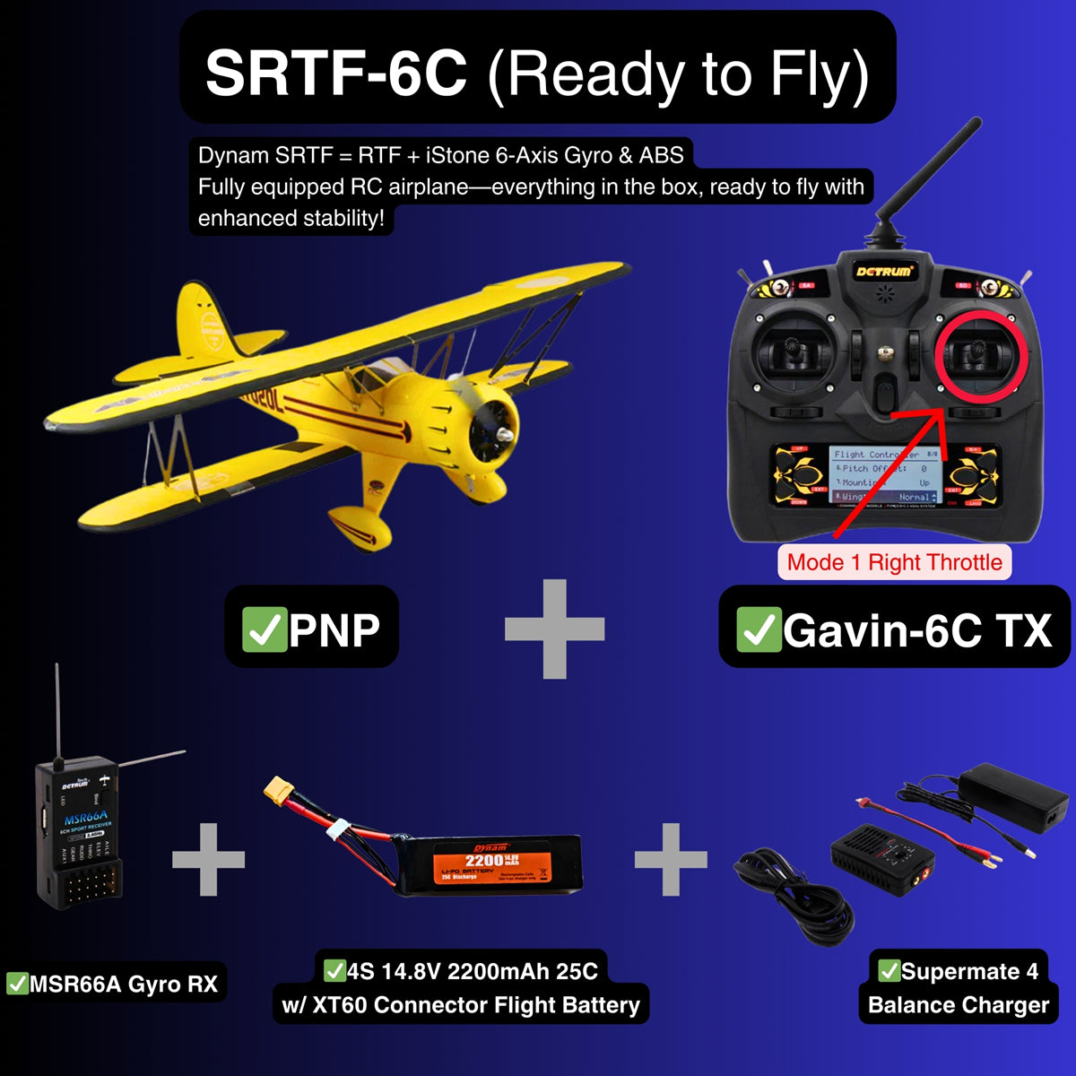 Waco YMF 5D V2 Yellow 4S RC Biplane 1300mm 51 Wingspan SRTF 6C Mode 1
